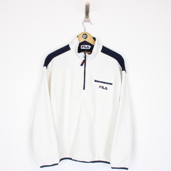 Vintage 90s Fila White and Black 1/4 Zip Spellout Fleece Jumper