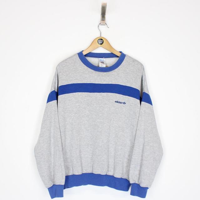 Vintage 90s Adidas Grey and Blue Spellout Sweatshirt Jumper