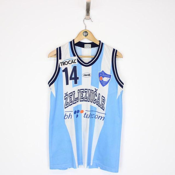 Vintage ZKK Zeljeznicar Sarajevo Blue and White Striped Basketball Vest Jersey