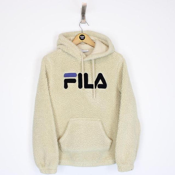 Fila Beige and Black Spellout Sherpa Fleece Hoodie