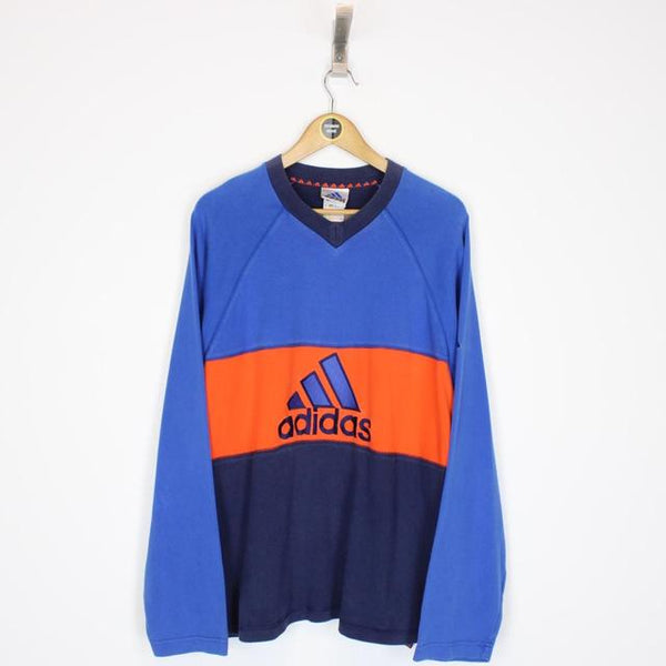 Vintage 90s Adidas Navy, Blue and Orange Spellout Sweatshirt Jumper