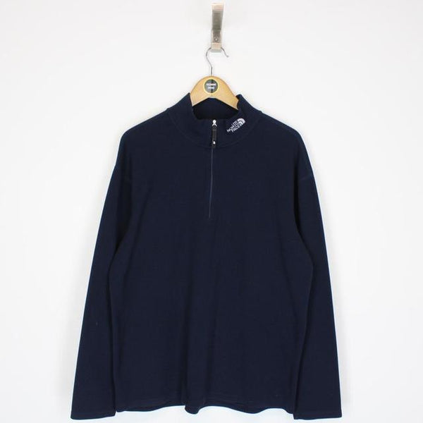 The North Face Navy Blue and White 1/4 Zip Spellout Fleece Jumper