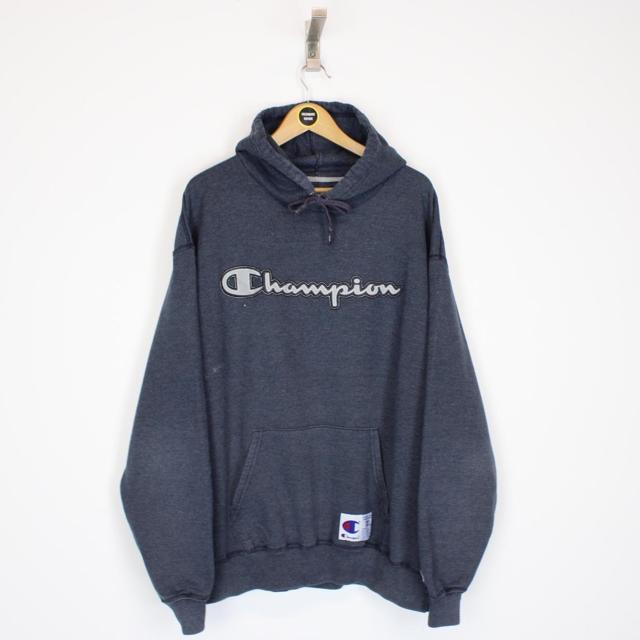 Vintage 90s Champion Blue and Grey Spellout Hoodie Jumper