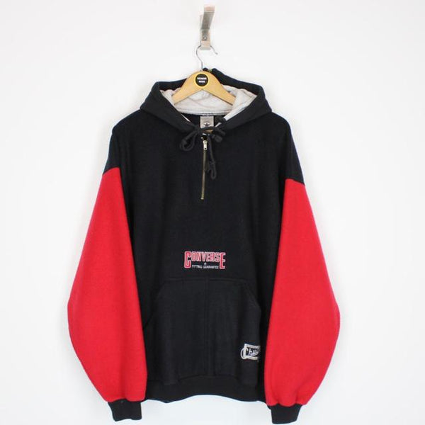 Vintage 90s Converse Black and Red 1/4 Zip Spellout Fleece Hoodie