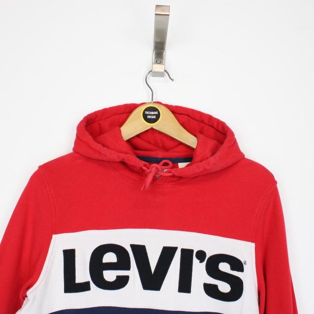 Levis Navy Blue, White and Red Pullover Spellout Hoodie Jumper