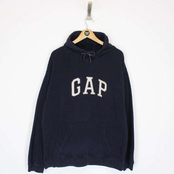 Vintage 00s GAP Navy Blue and Grey Pullover Spellout Hoodie Jumper