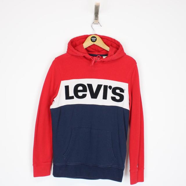 Levis Navy Blue, White and Red Pullover Spellout Hoodie Jumper