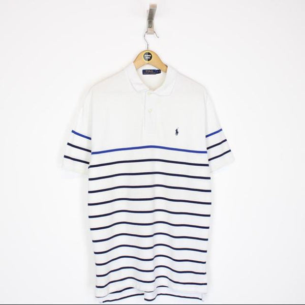 Polo Ralph Lauren White and Navy Blue Striped Short Sleeve Polo Shirt