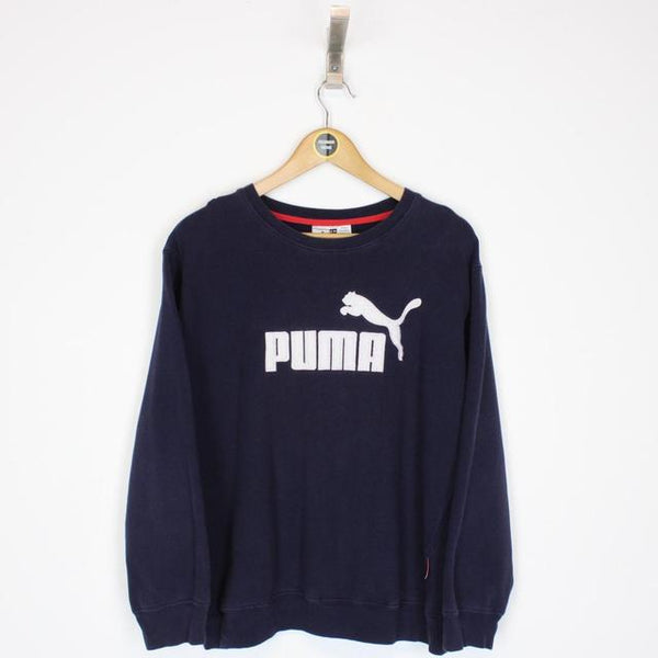 Vintage 90s Puma Navy Blue and White Spellout Sweatshirt Jumper