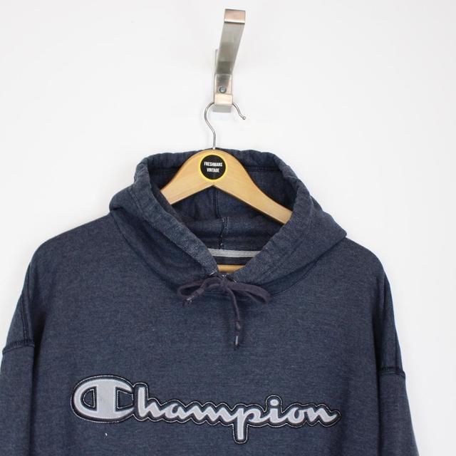 Vintage 90s Champion Blue and Grey Spellout Hoodie Jumper